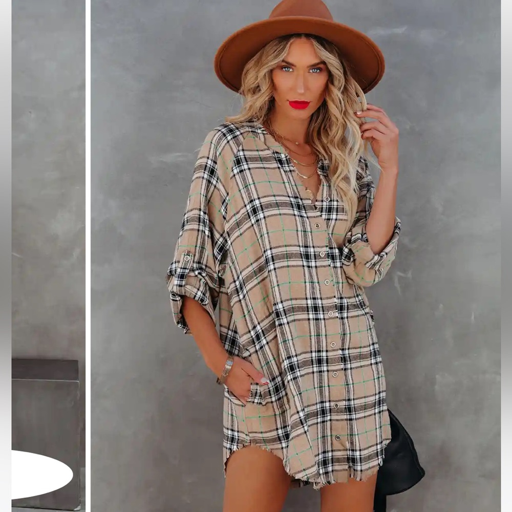 TUCKER COTTON BLEND POCKETED PLAID BUTTON DOWN TUNIC